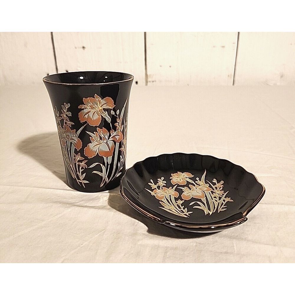 Vintage silk screen Japanese Black Floral Ceramic Bathroom Set Cup and Soap Dish